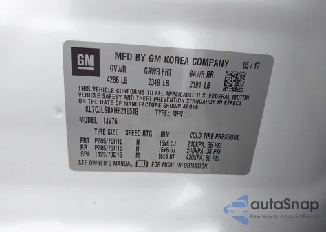 2017 Chevrolet Trax Lt from USA, damaged, VIN KL7CJLSBXHB218518